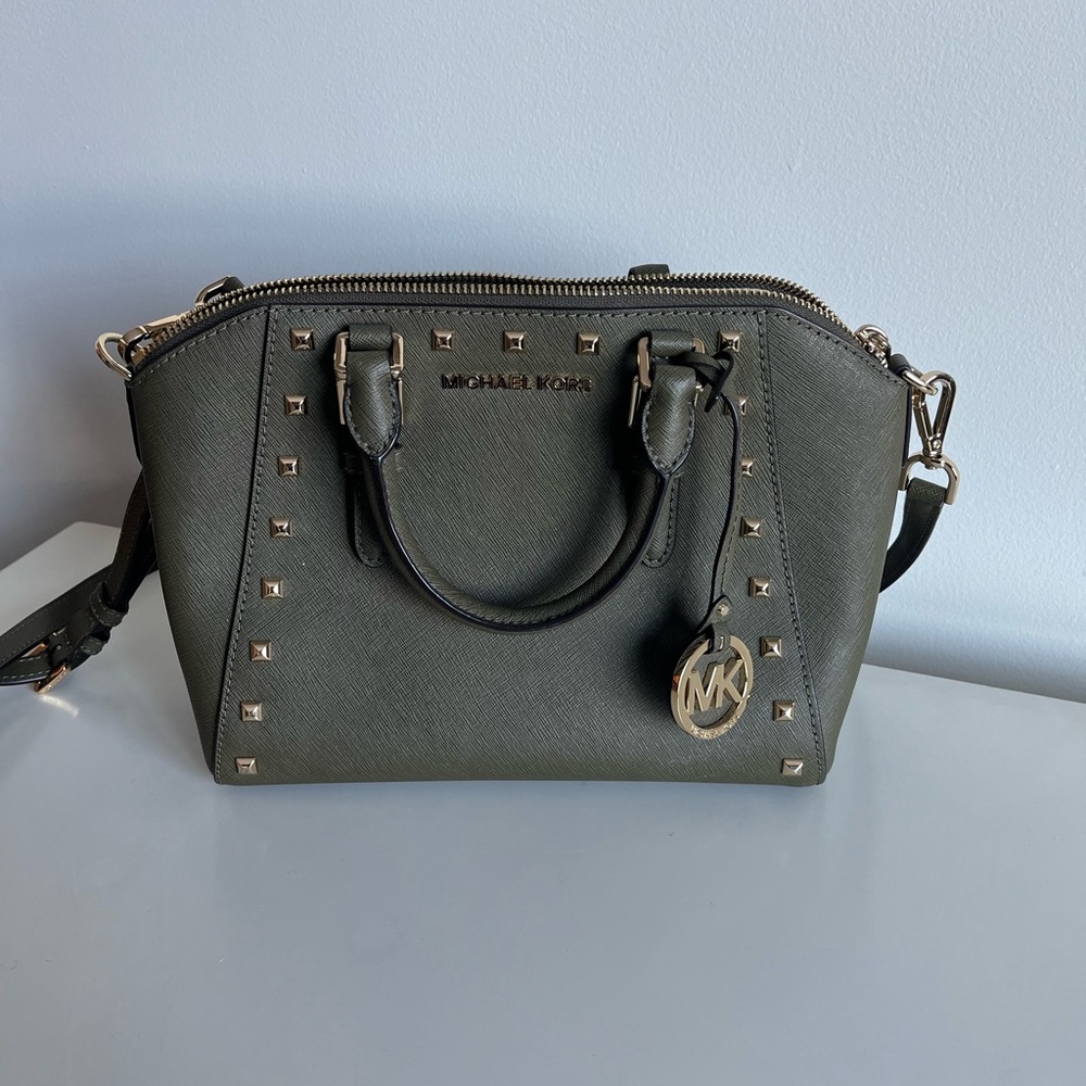 Michael Kors Green Ciara Studded Saffiano Leather Crossbody Bag Purse